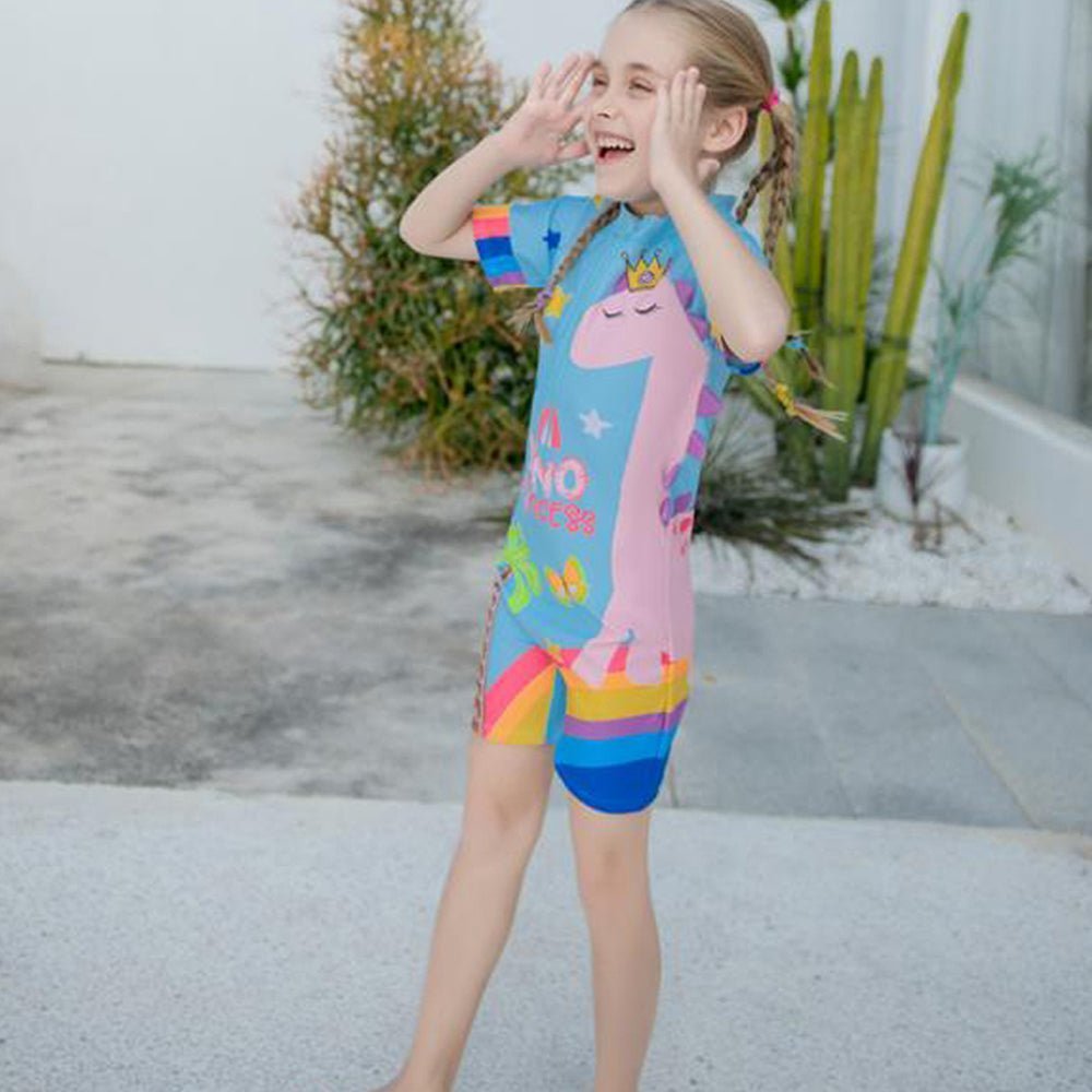 Blue Dino Princess Printed Kids Full Length UPF 50+ Swimwear