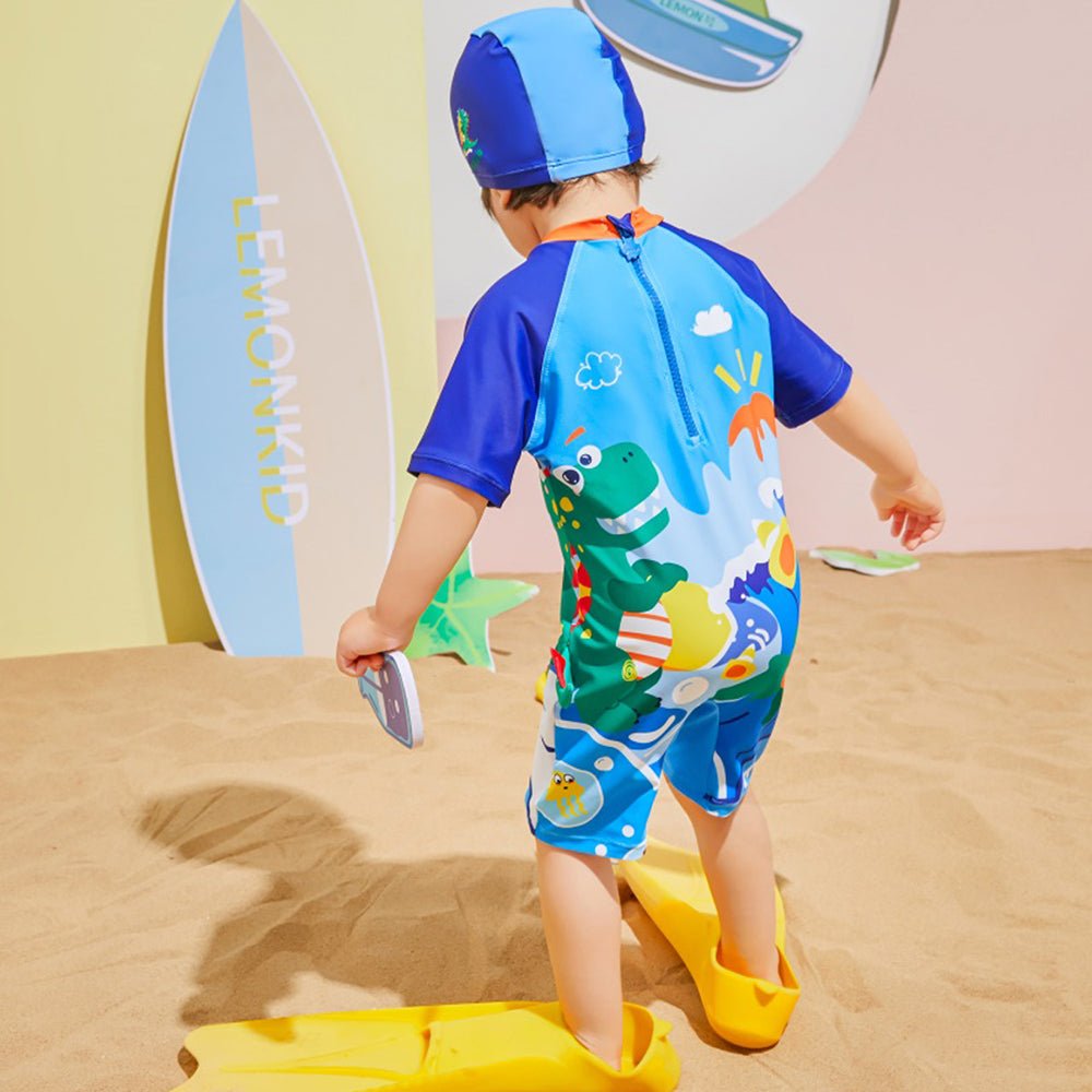 Blue Surfing Dino Printed Kids Knee Length UPF 50+ Swimwear With Free Washbag