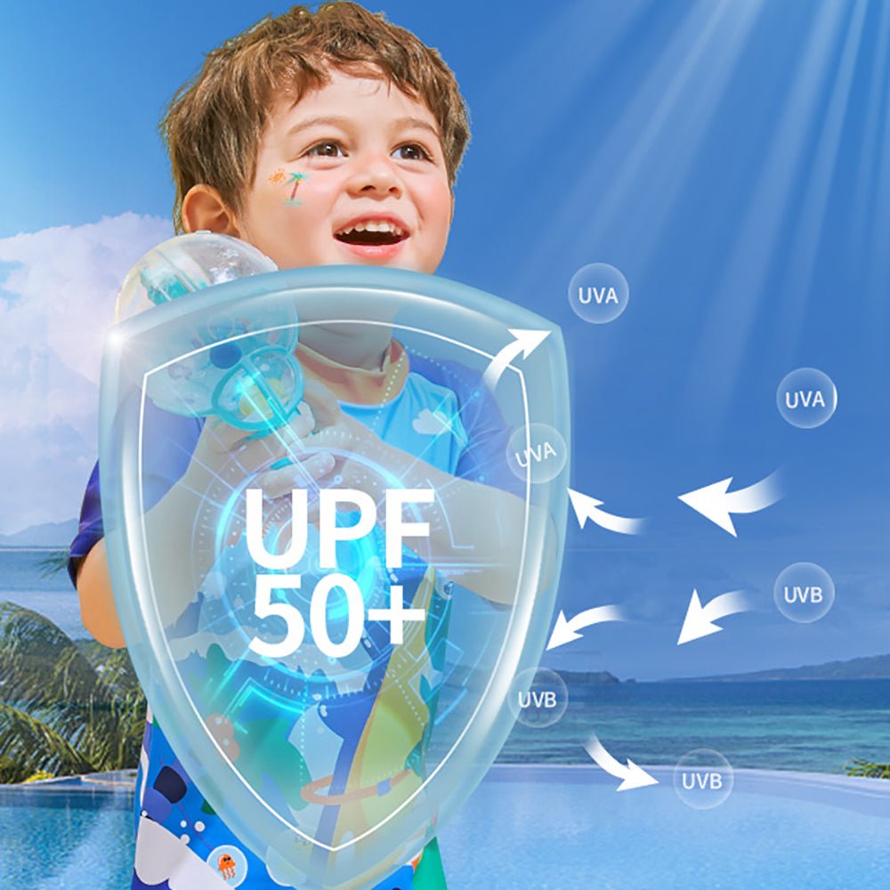 Blue Surfing Dino Printed Kids Knee Length UPF 50+ Swimwear With Free Washbag