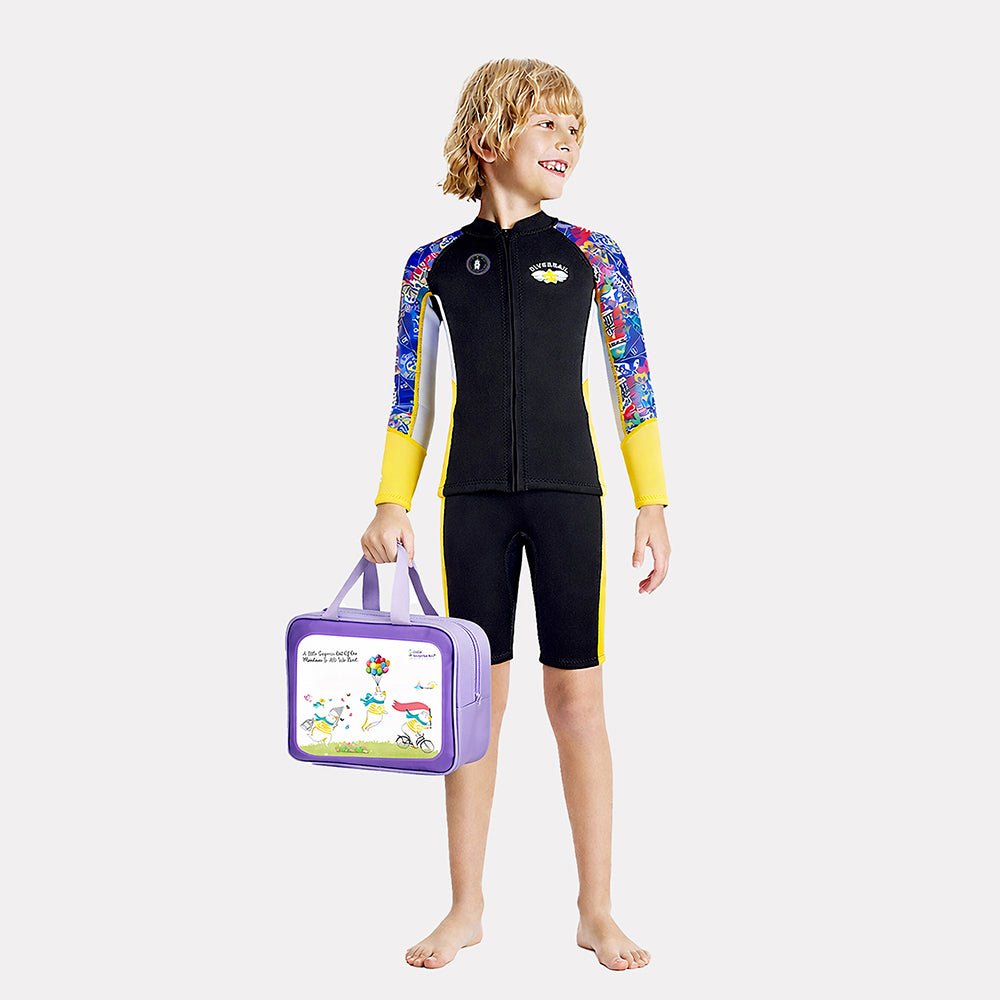 Purple & Teal Geometric Printed Kids Neoprene Full Length Swimsuit With Free Washbag