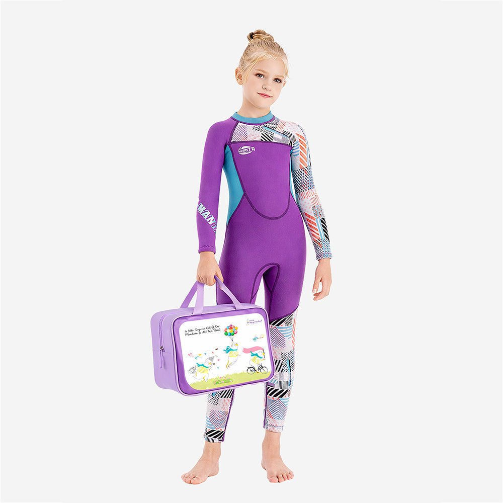 Purple & Teal Geometric Printed Kids Neoprene Full Length Swimsuit With Free Washbag