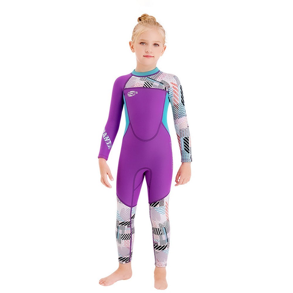 Purple & Teal Geometric Printed Kids Neoprene Full Length Swimsuit With Free Washbag