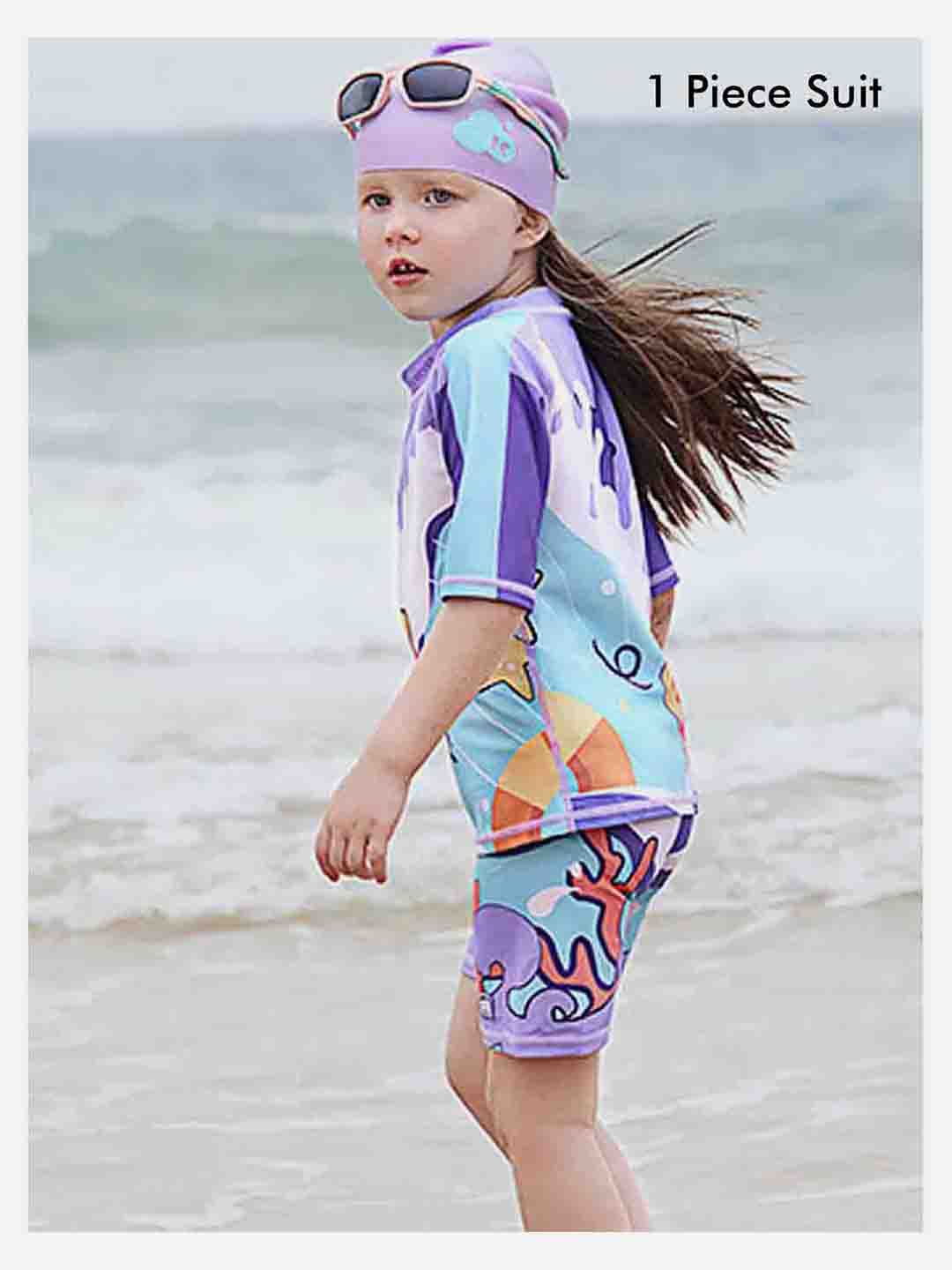 Pink Flamingo Unicorn Printed Kids Knee Length UPF 50+ Swimwear With Free Washbag