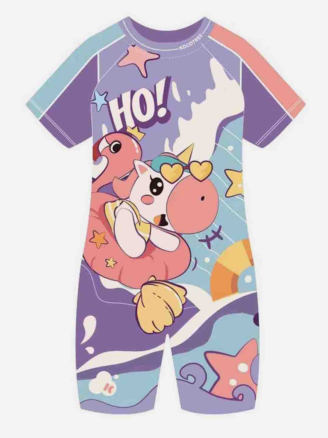 Pink Flamingo Unicorn Printed Kids Knee Length UPF 50+ Swimwear With Free Washbag