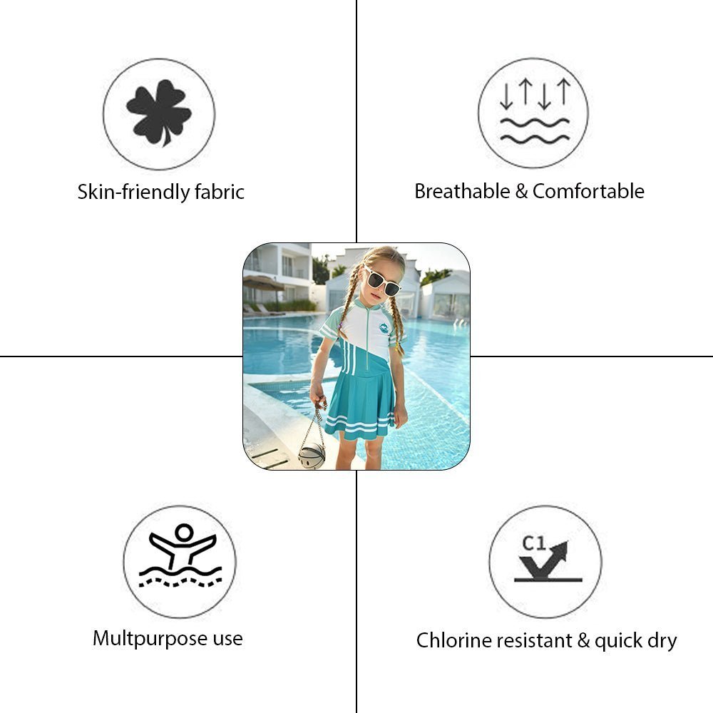 Green Color Block Printed Kids Frock Style UPF 50+ Swimwear