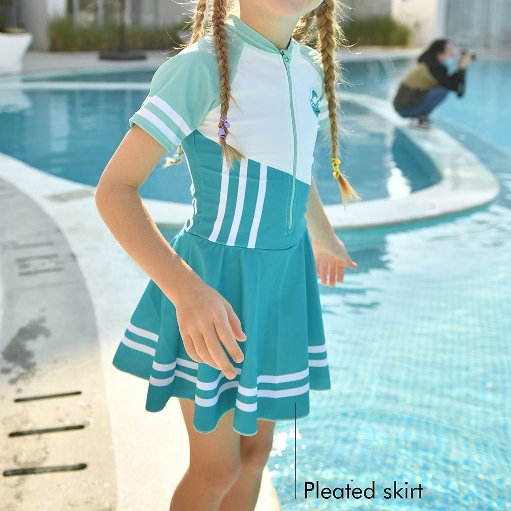 Green Color Block Printed Kids Frock Style UPF 50+ Swimwear
