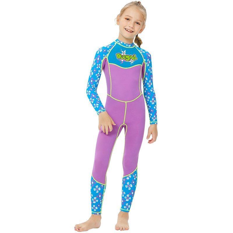 Purple Floral Printed Kids Full Length Swimsuit With Free Washbag