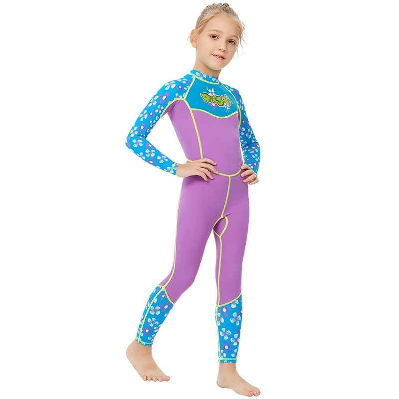 Purple Floral Printed Kids Full Length Swimsuit With Free Washbag