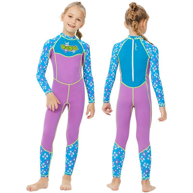 Purple Floral Printed Kids Full Length Swimsuit With Free Washbag