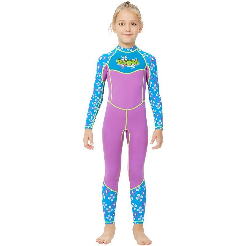 Purple Floral Printed Kids Full Length Swimsuit With Free Washbag