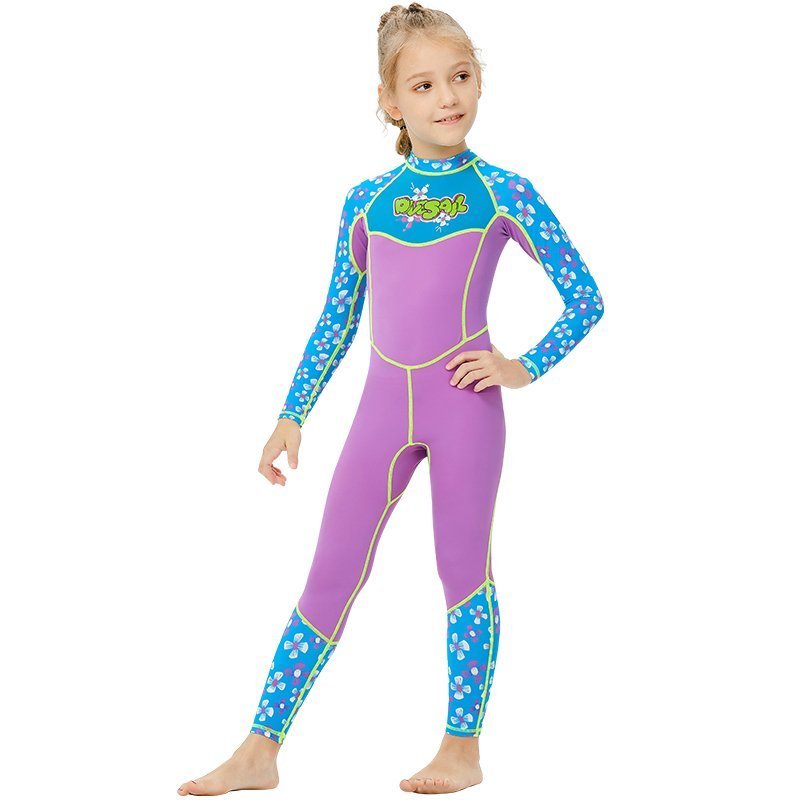 Purple Floral Printed Kids Full Length Swimsuit With Free Washbag