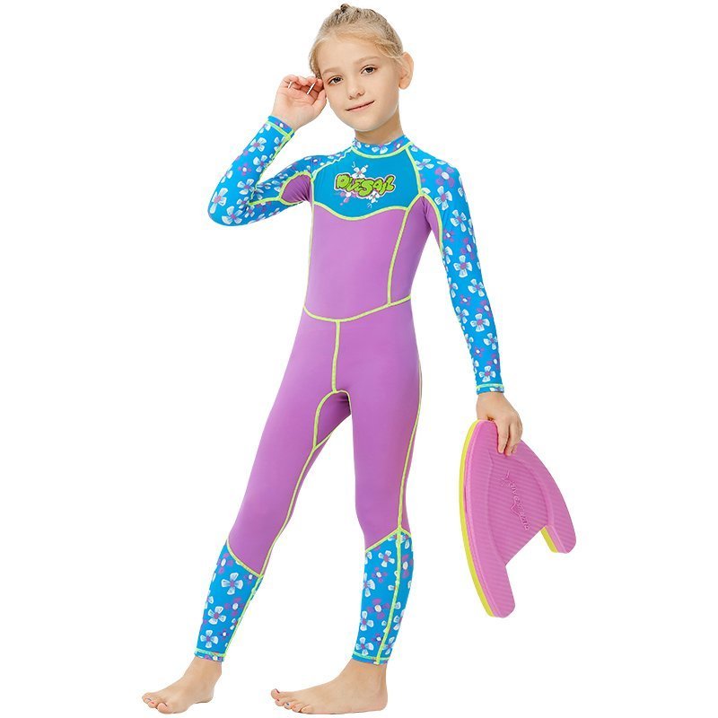 Purple Floral Printed Kids Full Length Swimsuit With Free Washbag