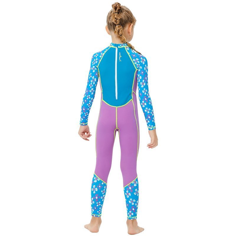 Purple Floral Printed Kids Full Length Swimsuit With Free Washbag