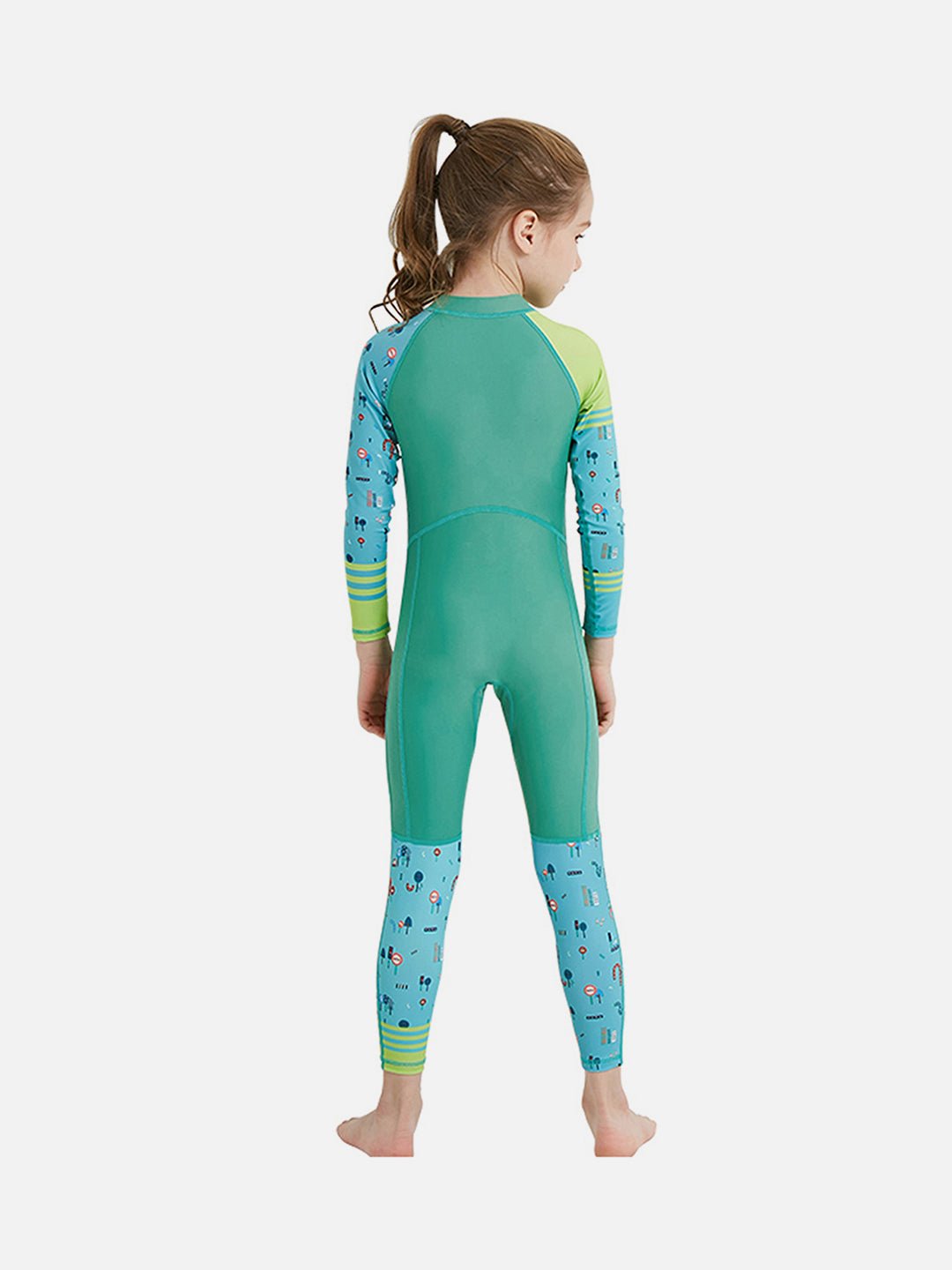 Light Green and Dark Green Transport Theme Kids Full Sleeve UPF 50+ Swimwear