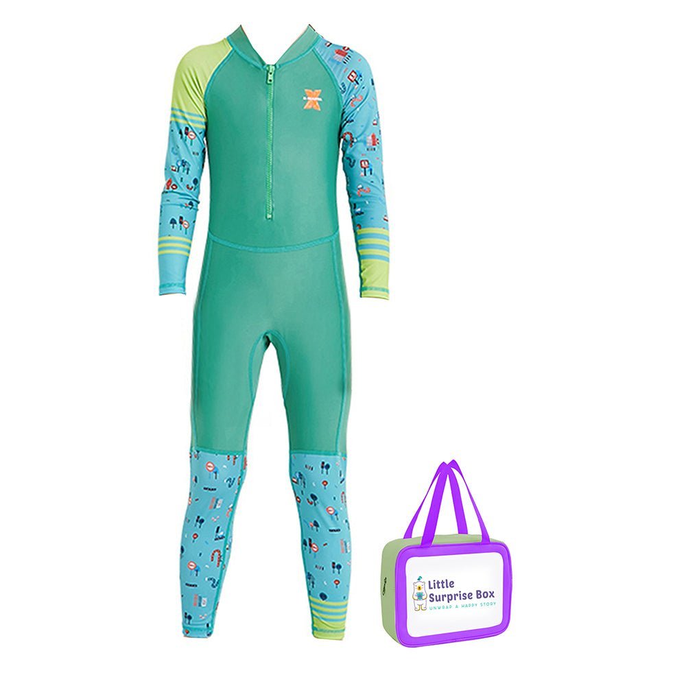 Light Green and Dark Green Transport Theme Kids Full Sleeve UPF 50+ Swimwear