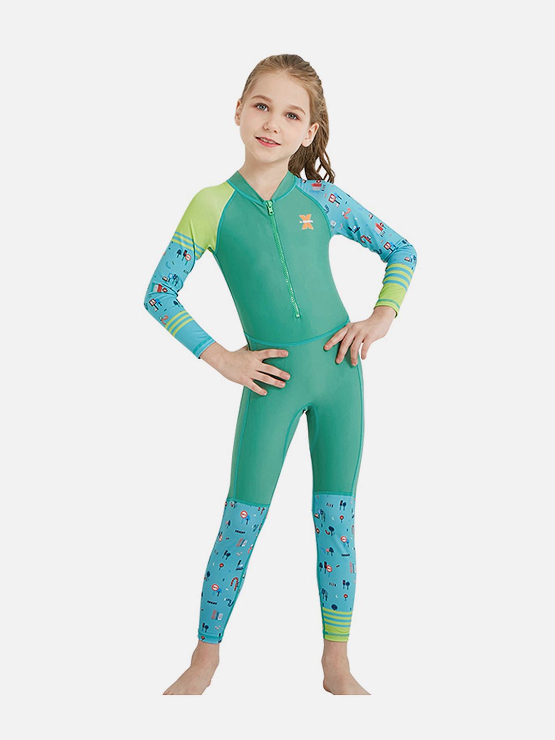 Light Green and Dark Green Transport Theme Kids Full Sleeve UPF 50+ Swimwear