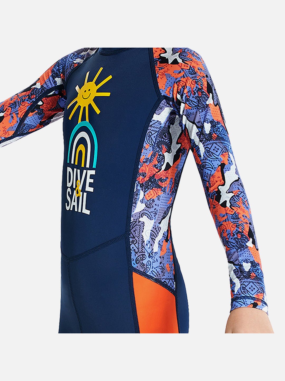 Navy Blue & Orange Sunshine Printed Kids UPF 50+ Full Length Swimsuit
