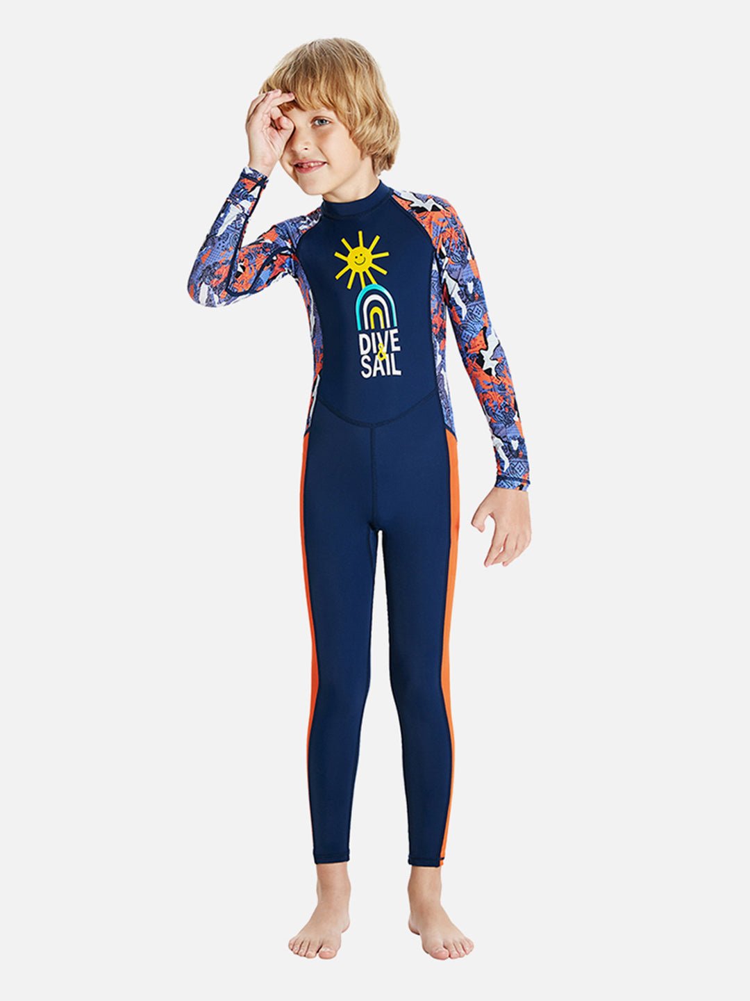 Navy Blue & Orange Sunshine Printed Kids UPF 50+ Full Length Swimsuit
