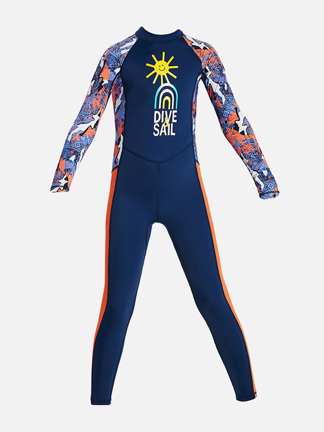Navy Blue & Orange Sunshine Printed Kids UPF 50+ Full Length Swimsuit