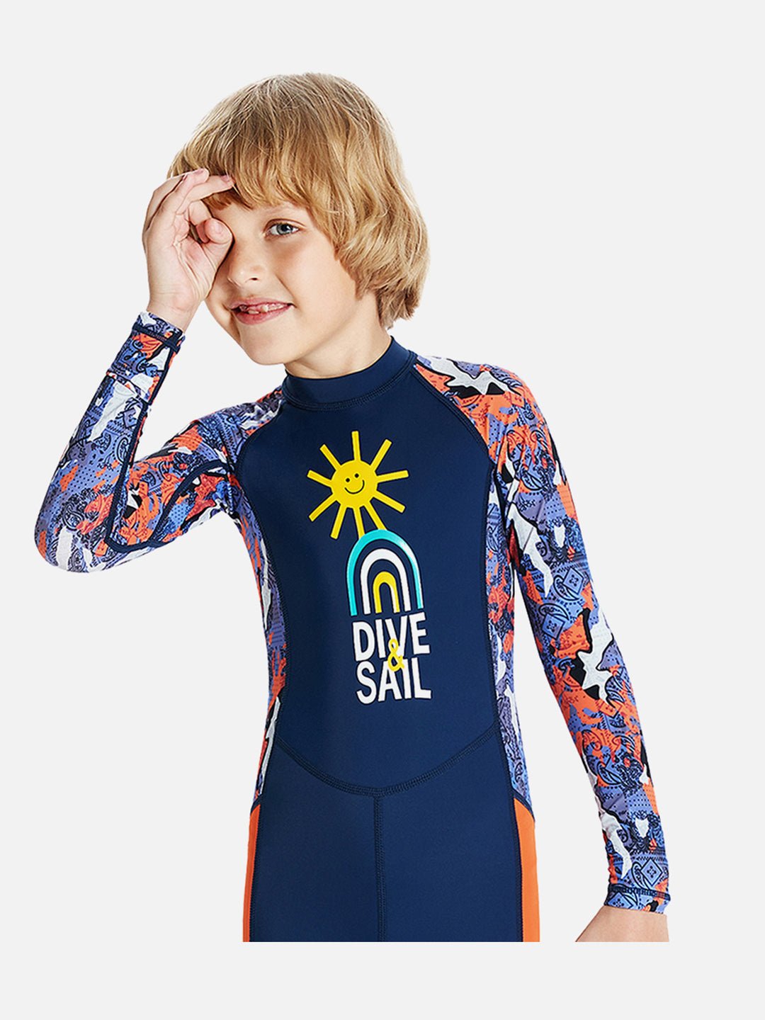Navy Blue & Orange Sunshine Printed Kids UPF 50+ Full Length Swimsuit