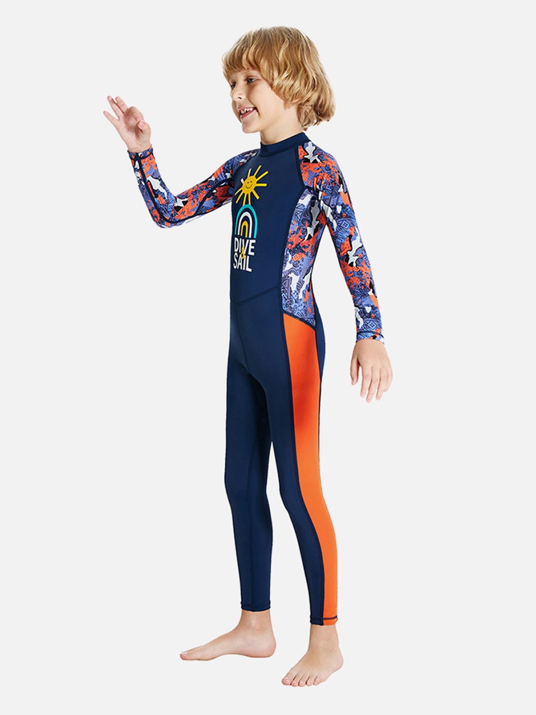 Navy Blue & Orange Sunshine Printed Kids UPF 50+ Full Length Swimsuit