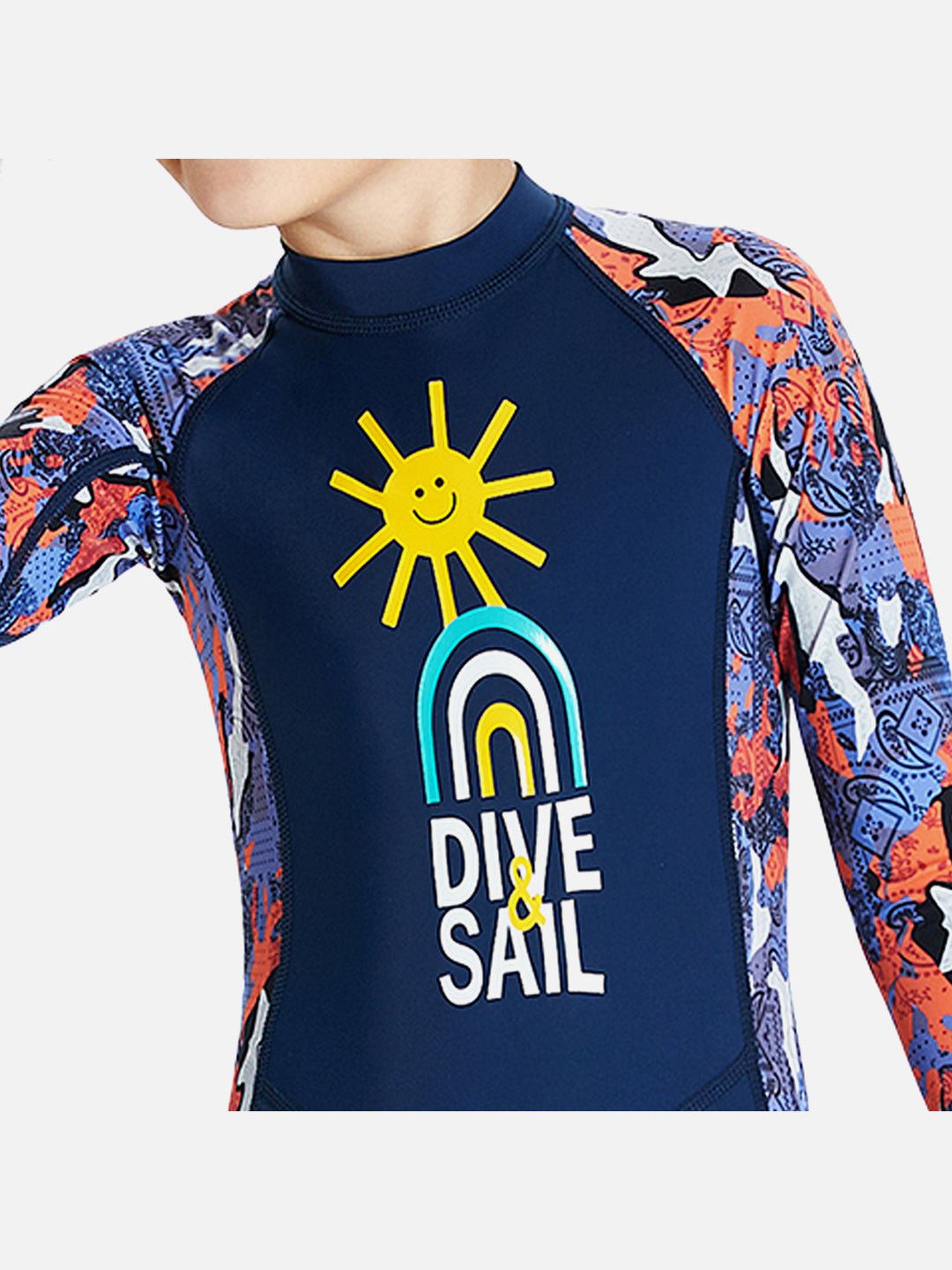 Navy Blue & Orange Sunshine Printed Kids UPF 50+ Full Length Swimsuit