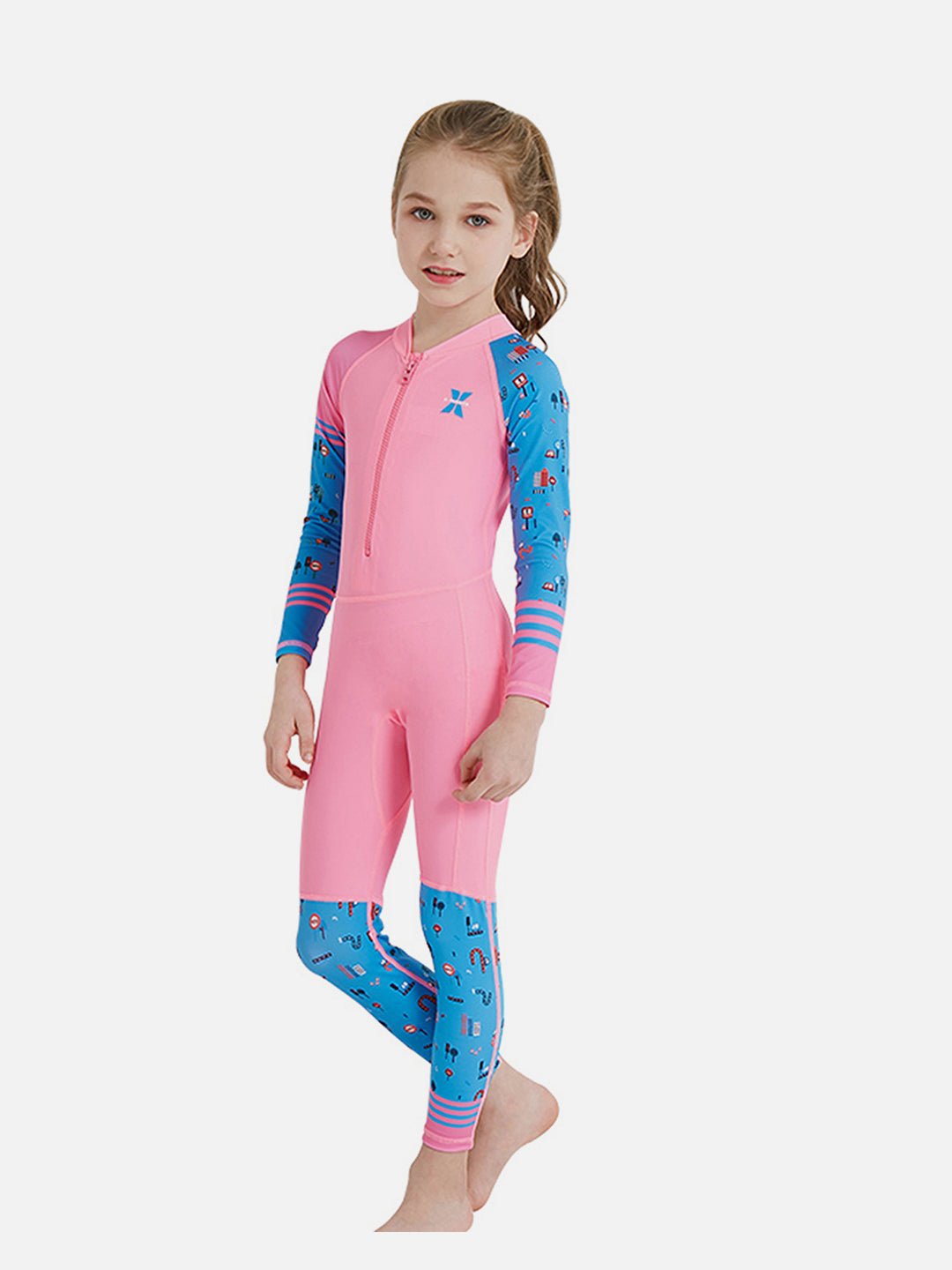 Pink and Blue Transport Printed Kids Full Length UPF 50+ Swimwear With Free Swim Bag