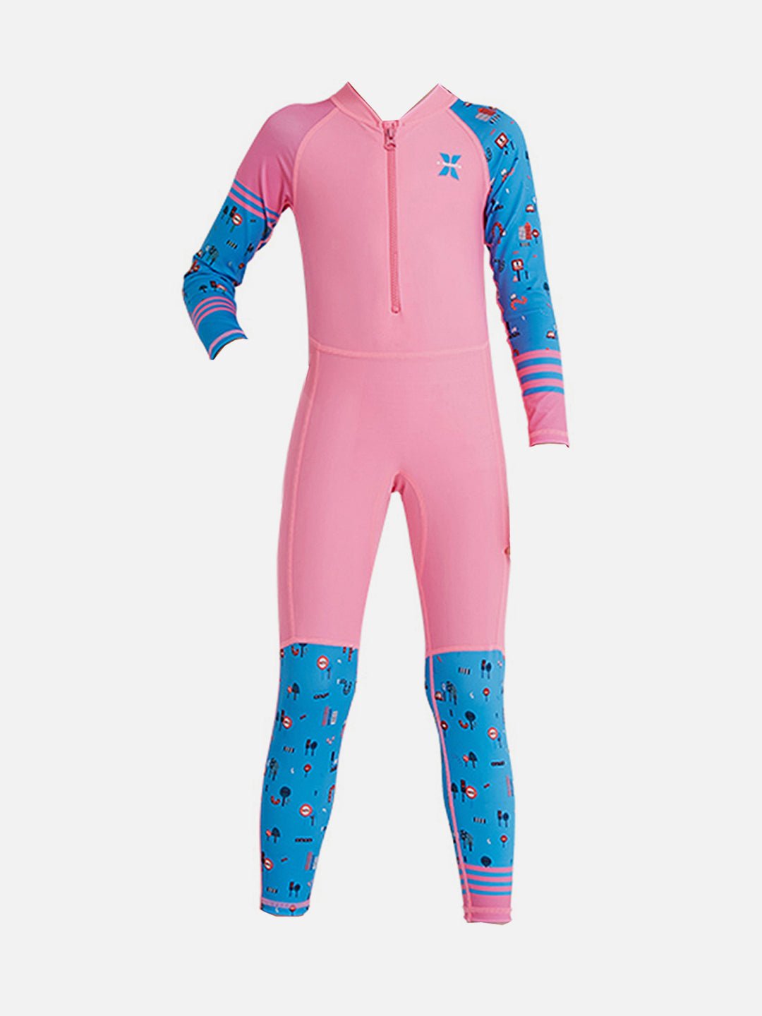Pink and Blue Transport Printed Kids Full Length UPF 50+ Swimwear With Free Swim Bag