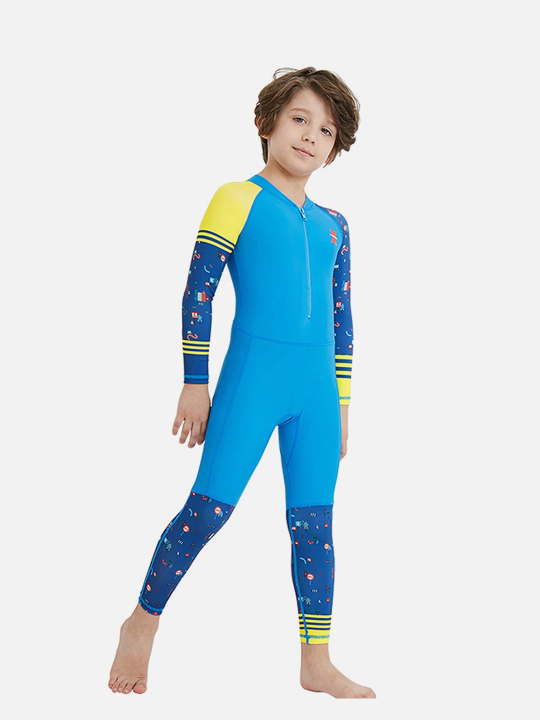 Yellow and Blue Transport Theme Kids Full Sleeve UPF 50+ Swimwear