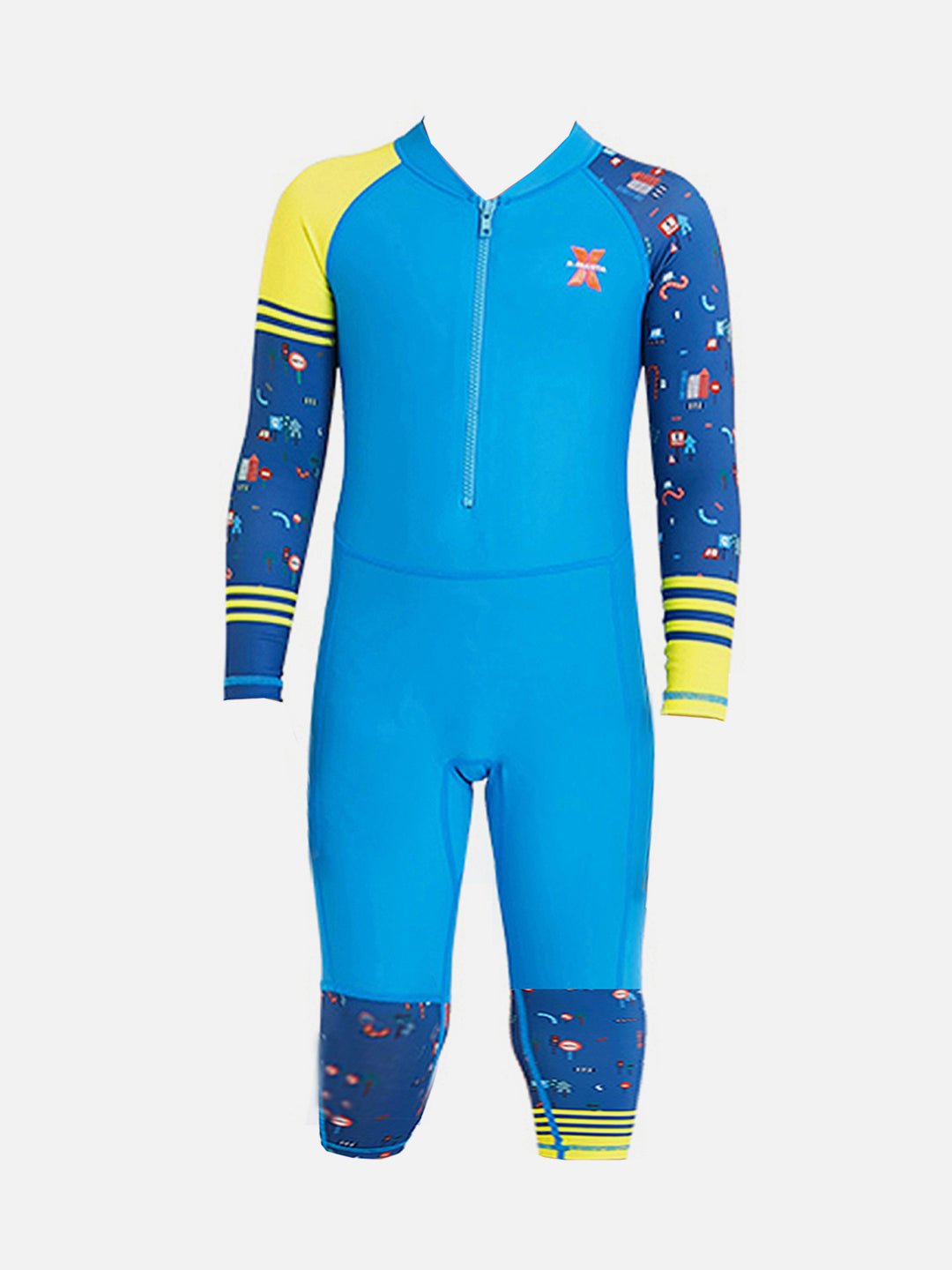 Yellow and Blue Transport Theme Kids Full Sleeve UPF 50+ Swimwear