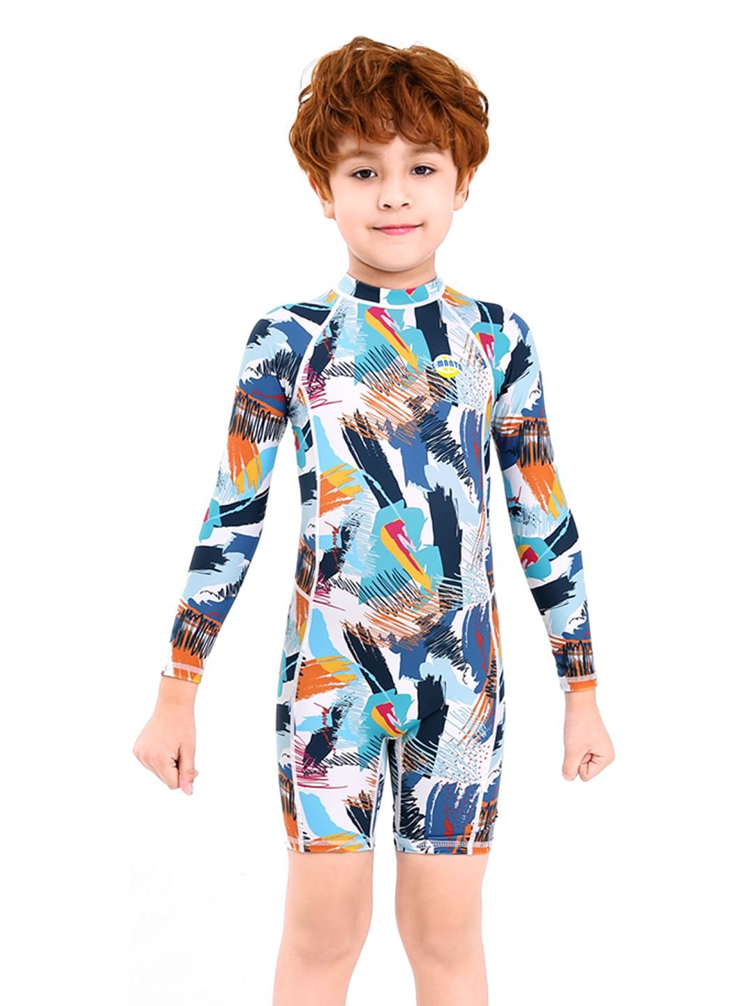 Multi Geometric Printed Kids 2.5mm Neoprene Knee Length Full Sleeve Swimsuit
