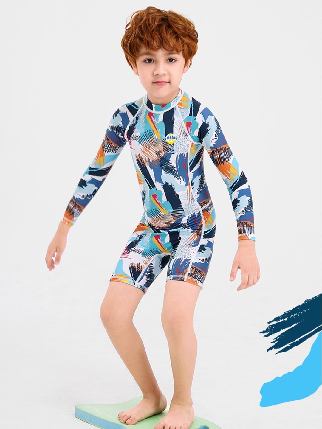 Multi Geometric Printed Kids 2.5mm Neoprene Knee Length Full Sleeve Swimsuit