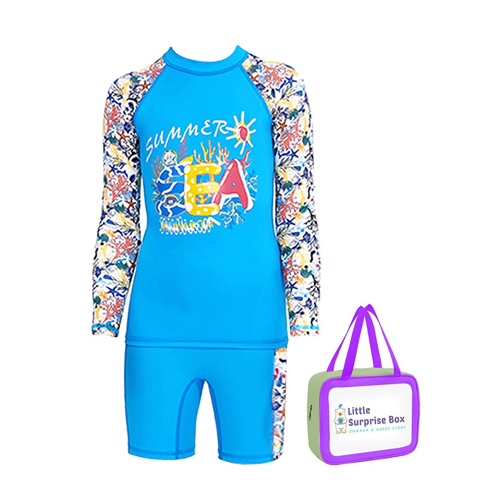 Blue Fauna Printed Kids UPF 50+ 2pcs Swimwear With Matching Swim Bag