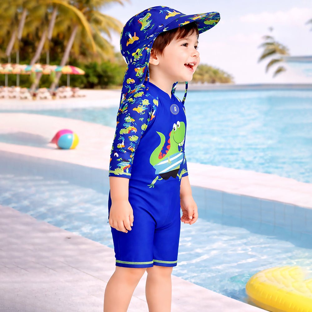 Green Blue Dino Printed Kids Swimwear Set With Free Washbag & Detergent