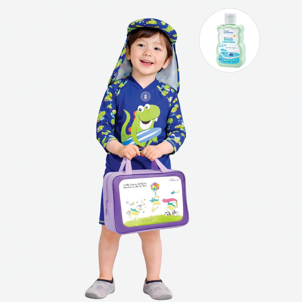 Green Blue Dino Printed Kids Swimwear Set With Free Washbag & Detergent
