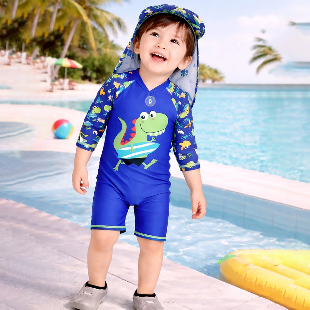 Green Blue Dino Printed Kids Swimwear Set With Free Washbag & Detergent
