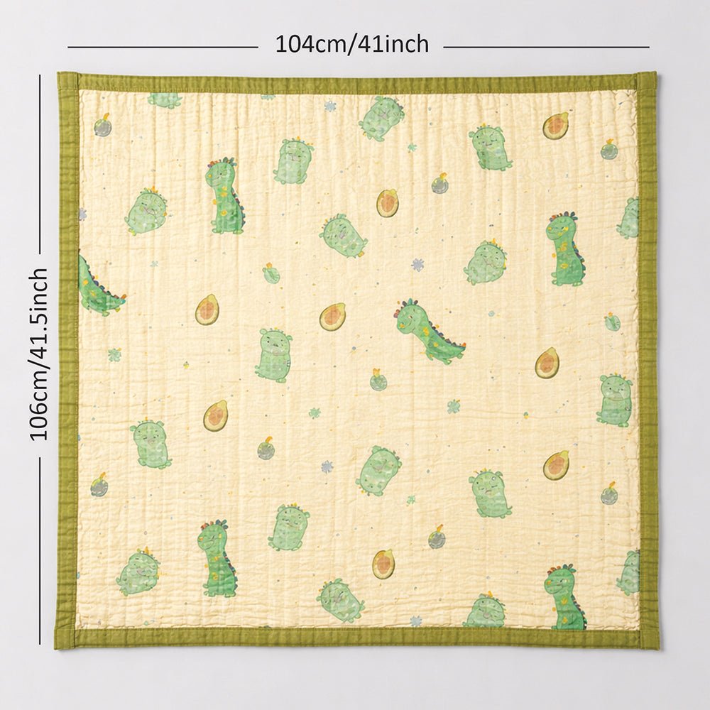 Green Dino & Avocado 1 PC Kids Cotton Muslin Dohar With Free Storage Pouch