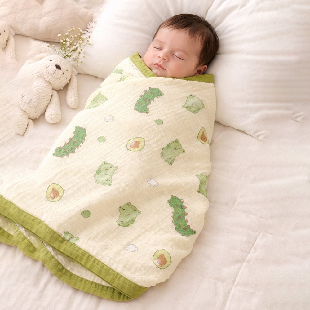 Green Dino & Avocado 1 PC Kids Cotton Muslin Dohar With Free Storage Pouch
