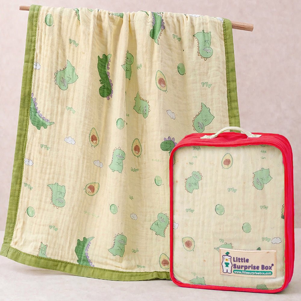 Green Dino & Avocado 1 PC Kids Cotton Muslin Dohar With Free Storage Pouch