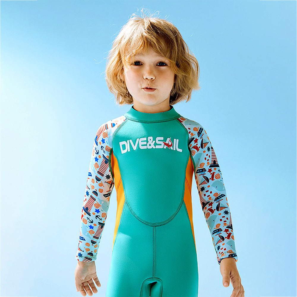Green Nautical Printed Kids Neoprene Full Length Swimsuit With Free Washbag
