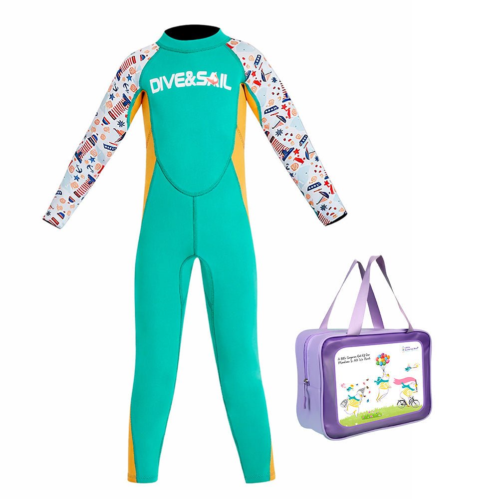 Green Nautical Printed Kids Neoprene Full Length Swimsuit With Free Washbag