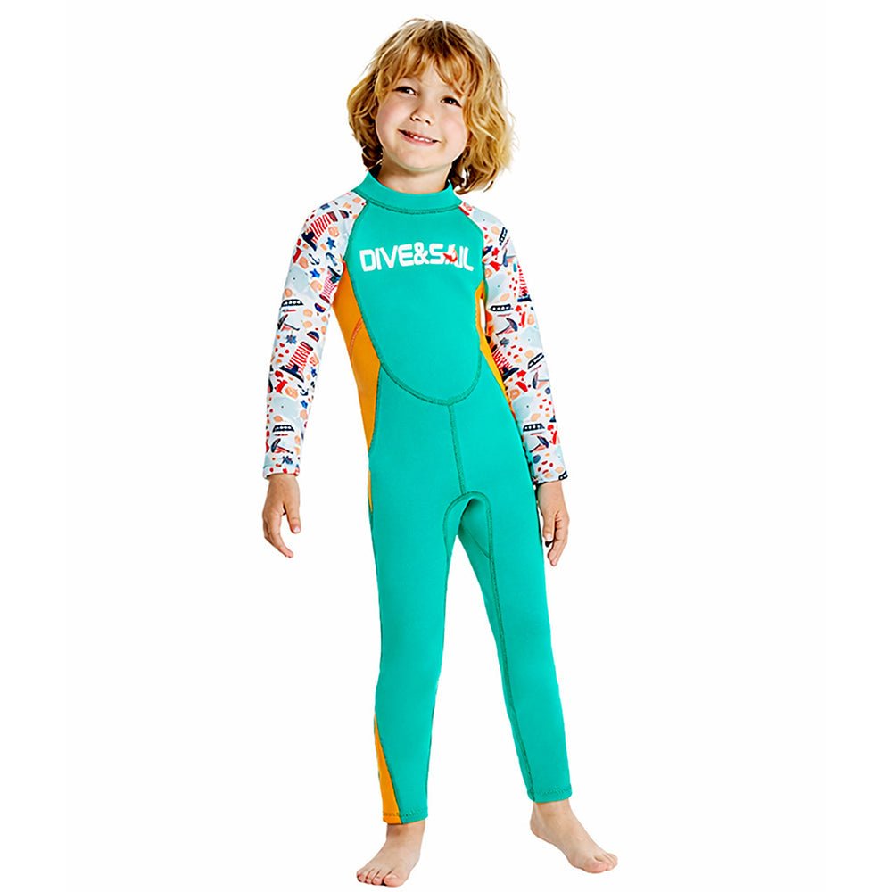Green Nautical Printed Kids Neoprene Full Length Swimsuit With Free Washbag