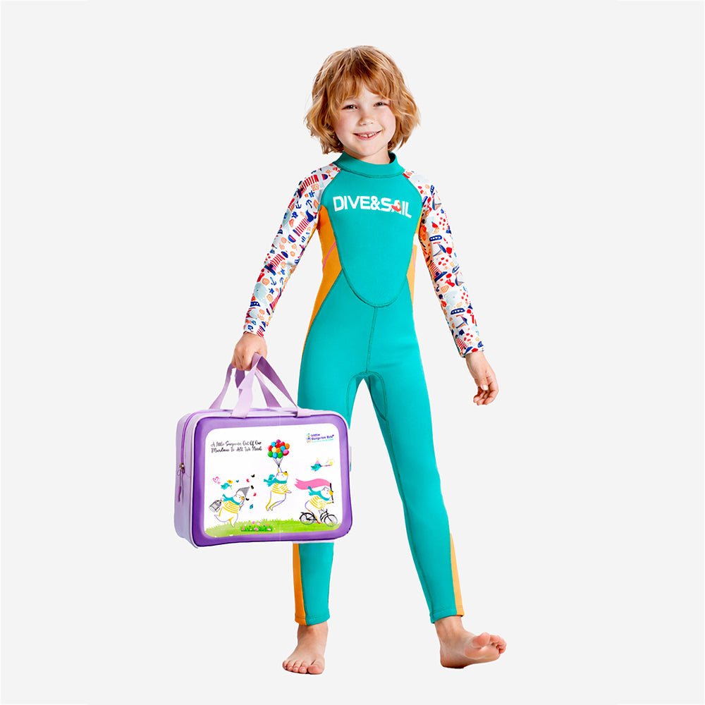 Green Nautical Printed Kids Neoprene Full Length Swimsuit With Free Washbag