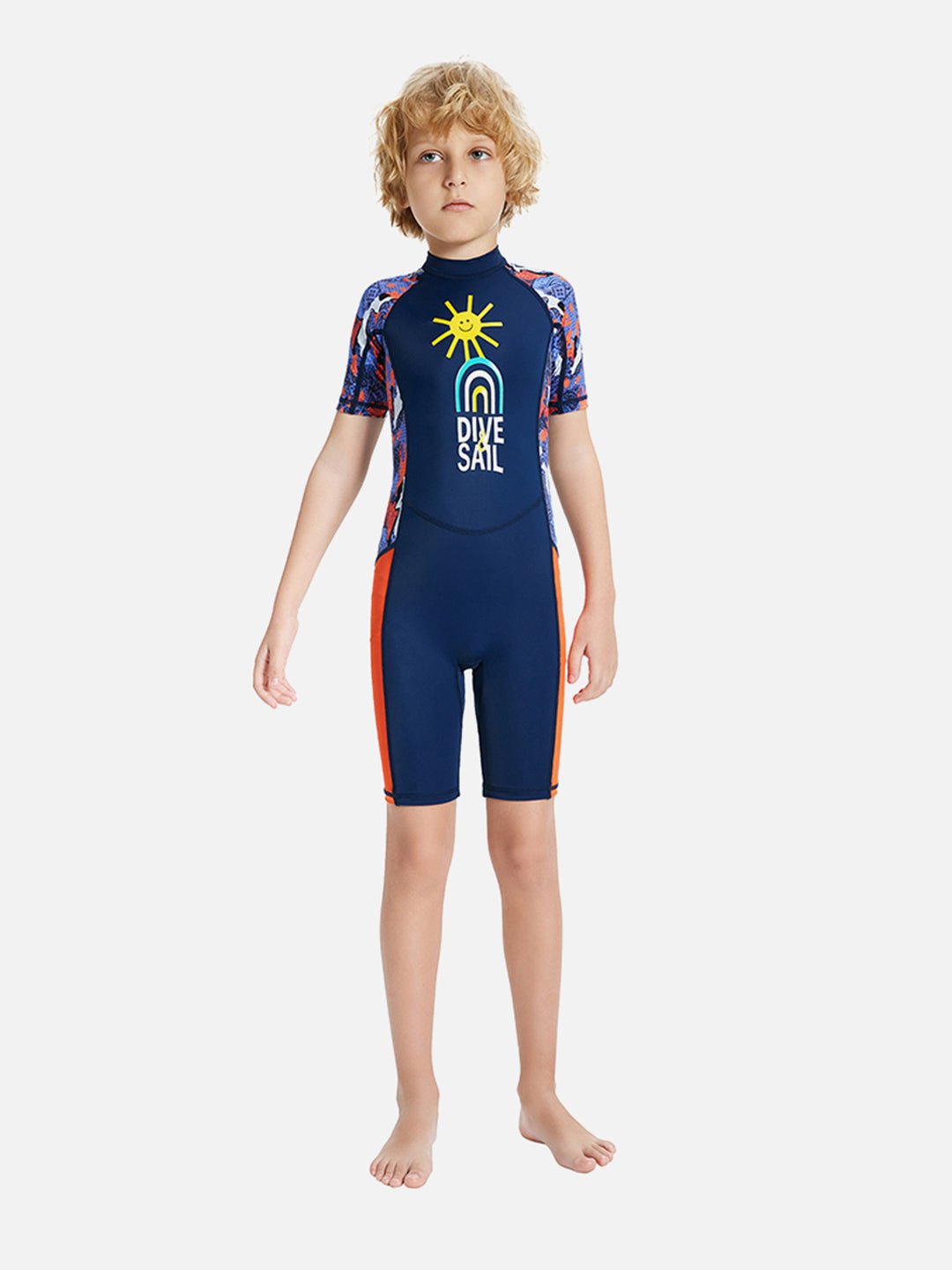 Navy Blue & Orange Sunshine Printed Kids Knee Length UPF 50+ Swimwear