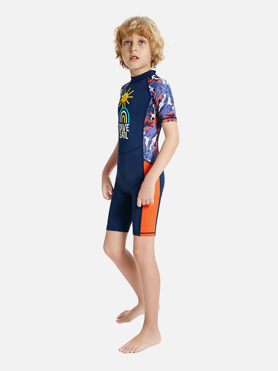 Navy Blue & Orange Sunshine Printed Kids Knee Length UPF 50+ Swimwear