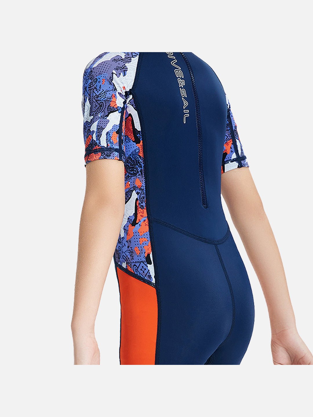 Navy Blue & Orange Sunshine Printed Kids Knee Length UPF 50+ Swimwear