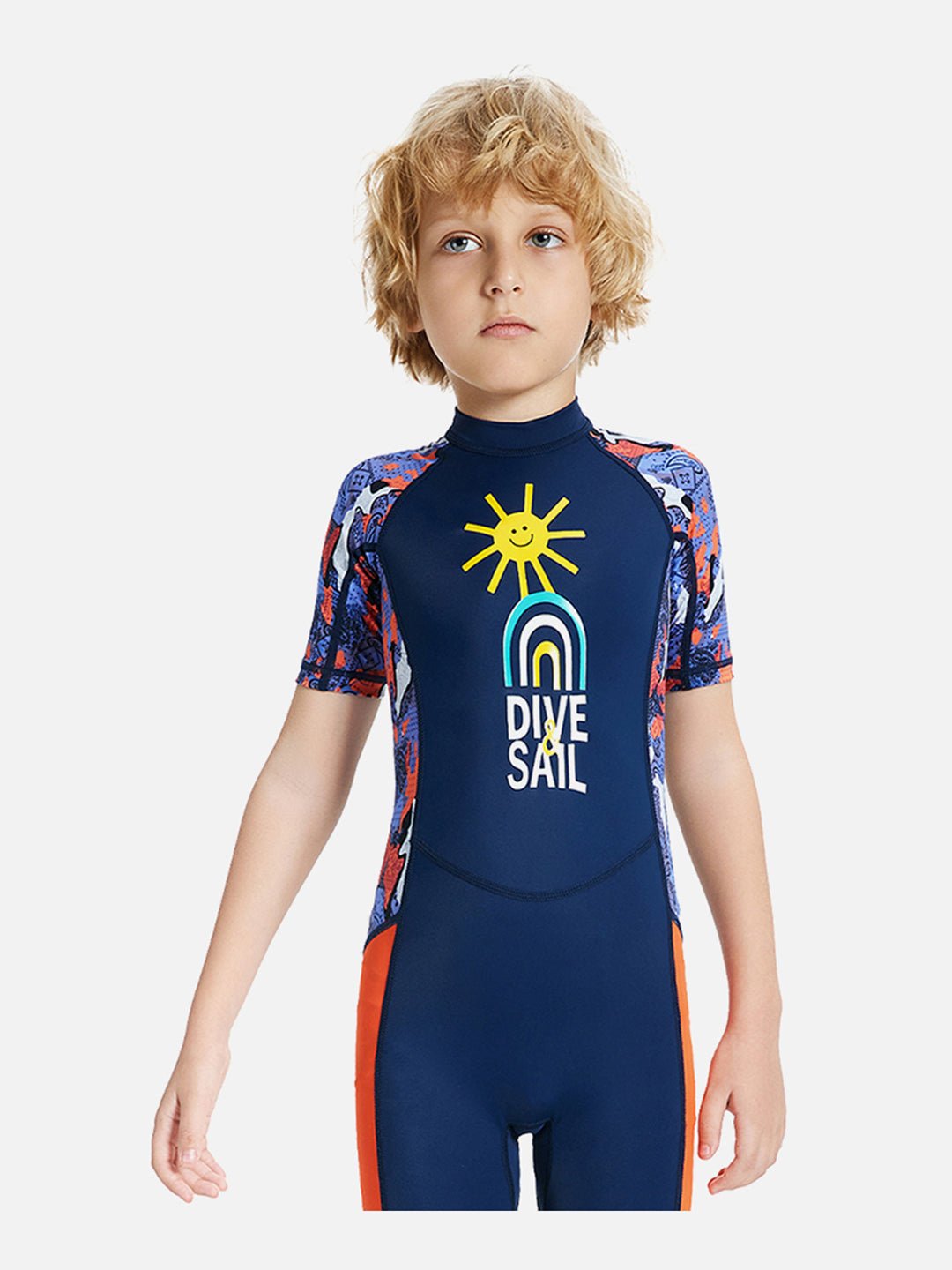 Navy Blue & Orange Sunshine Printed Kids Knee Length UPF 50+ Swimwear
