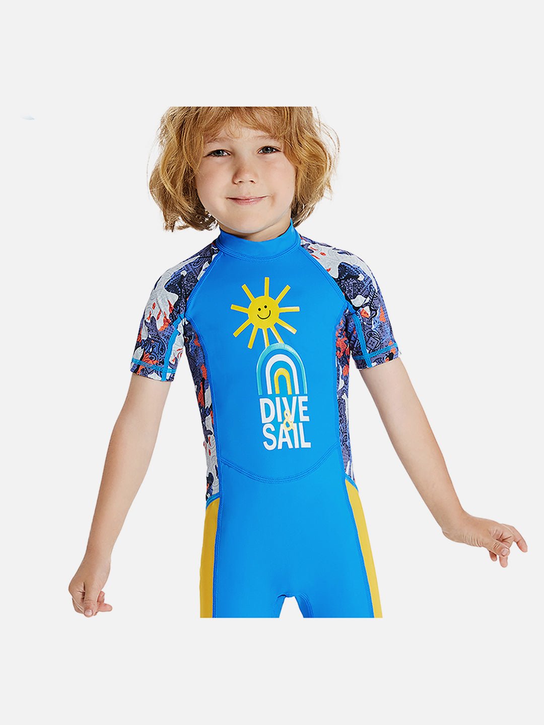 Sky Blue & Yellow Sunshine Printed Kids Knee Length UPF 50+ Swimwear