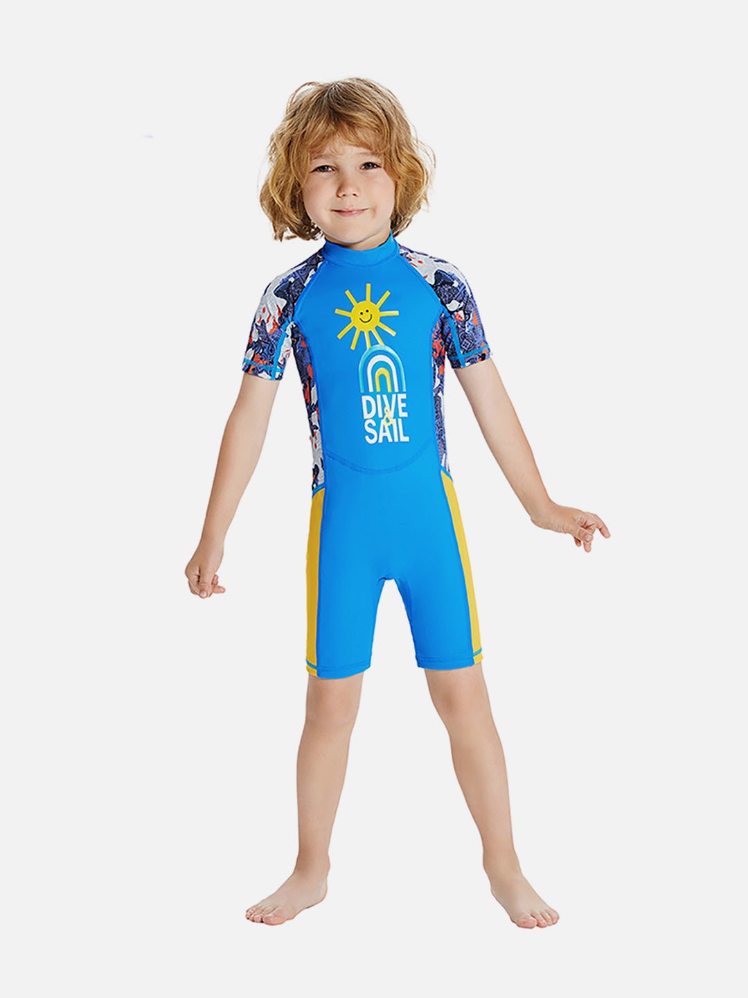 Sky Blue & Yellow Sunshine Printed Kids Knee Length UPF 50+ Swimwear