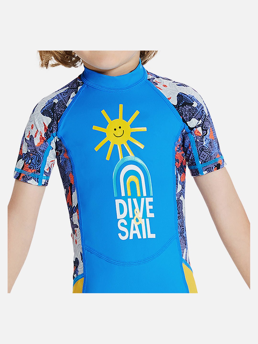 Sky Blue & Yellow Sunshine Printed Kids Knee Length UPF 50+ Swimwear